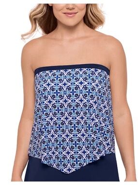 Swim Solutions Blue Tile Print Bandeau Scarf Hem Tankini Top Size 10 NWT